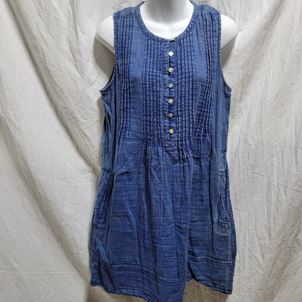 FAHERTY Indigo Blue Isha Dress Sleeveless Chambray Woven Basketweave Size M